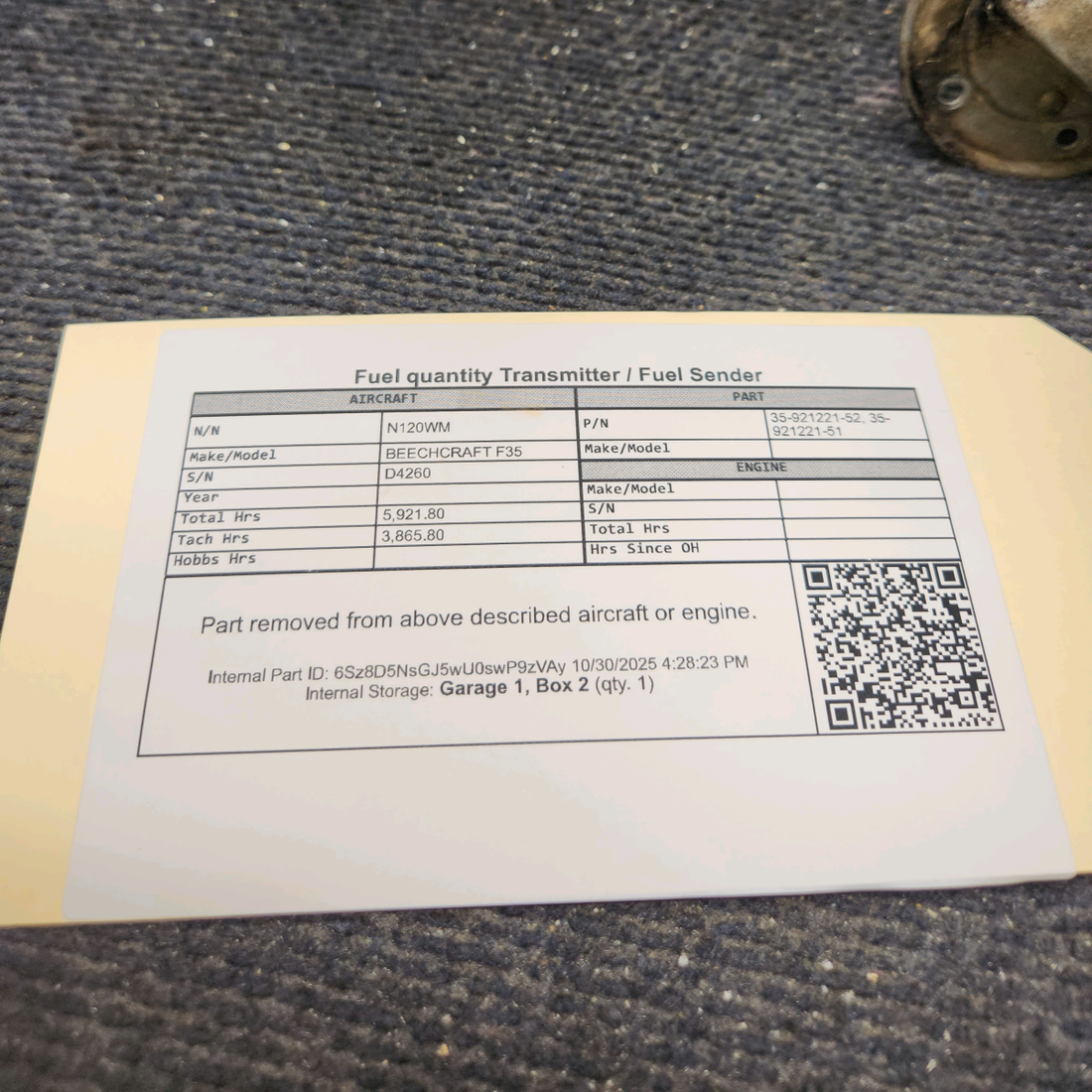 Used aircraft parts for sale, 35-921221-52 BEECHCRAFT F35 Fuel Quantity Transmitter/Fuel Sender