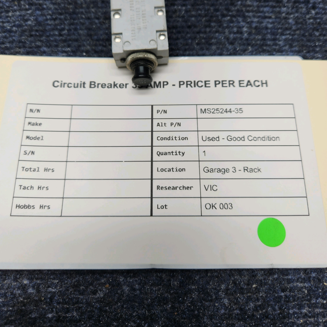 Used aircraft parts for sale, MS25244-35 Mechanical Products CIRCUIT BREAKER 35 AMP - PRICE PER EACH
