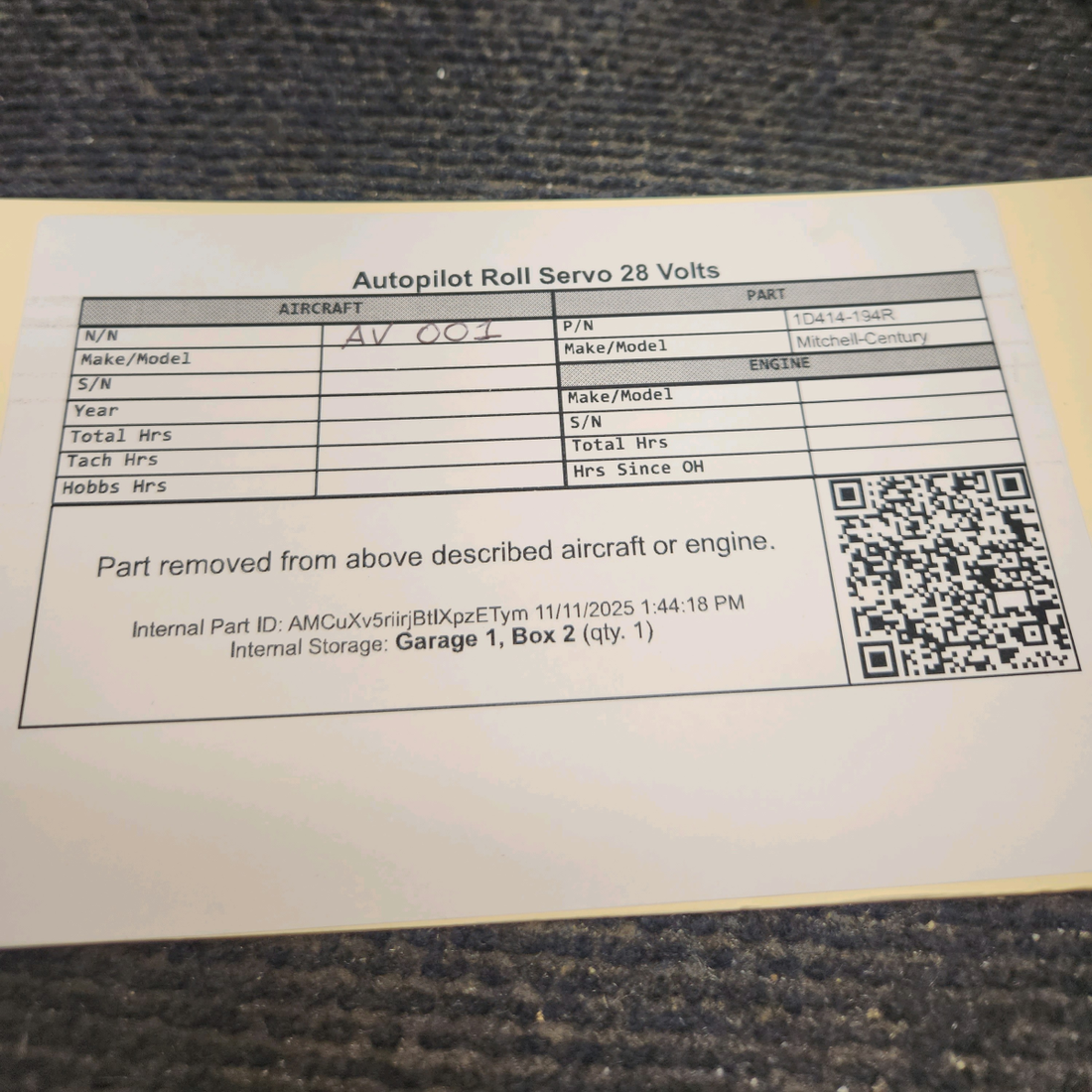 Used aircraft parts for sale, 1D414-194R Mitchell-Century Beechcraft 95-B55 Autopilot Roll Servo 28 Volts