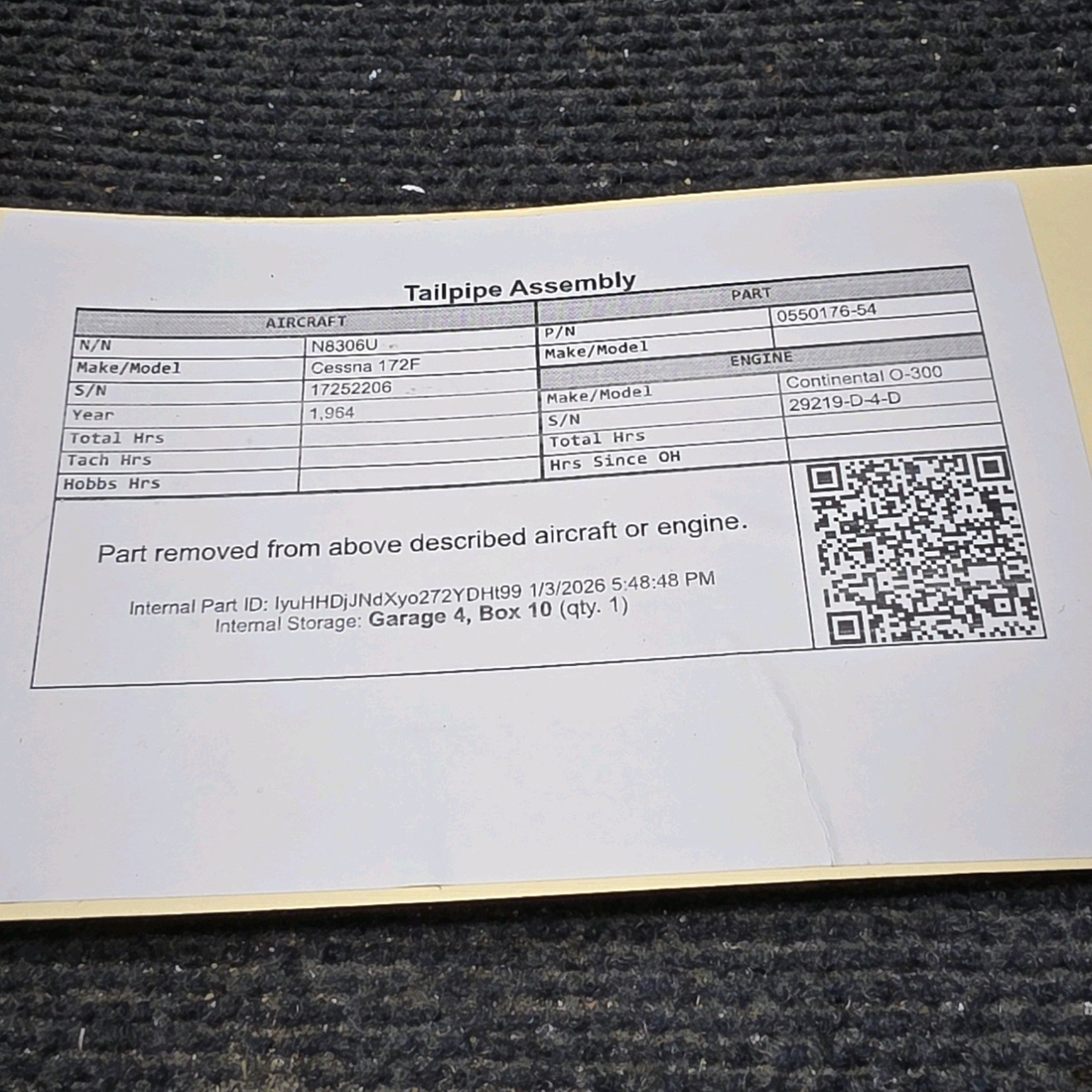 Used aircraft parts for sale, 0550176-54 Cessna 172F Tailpipe Assembly