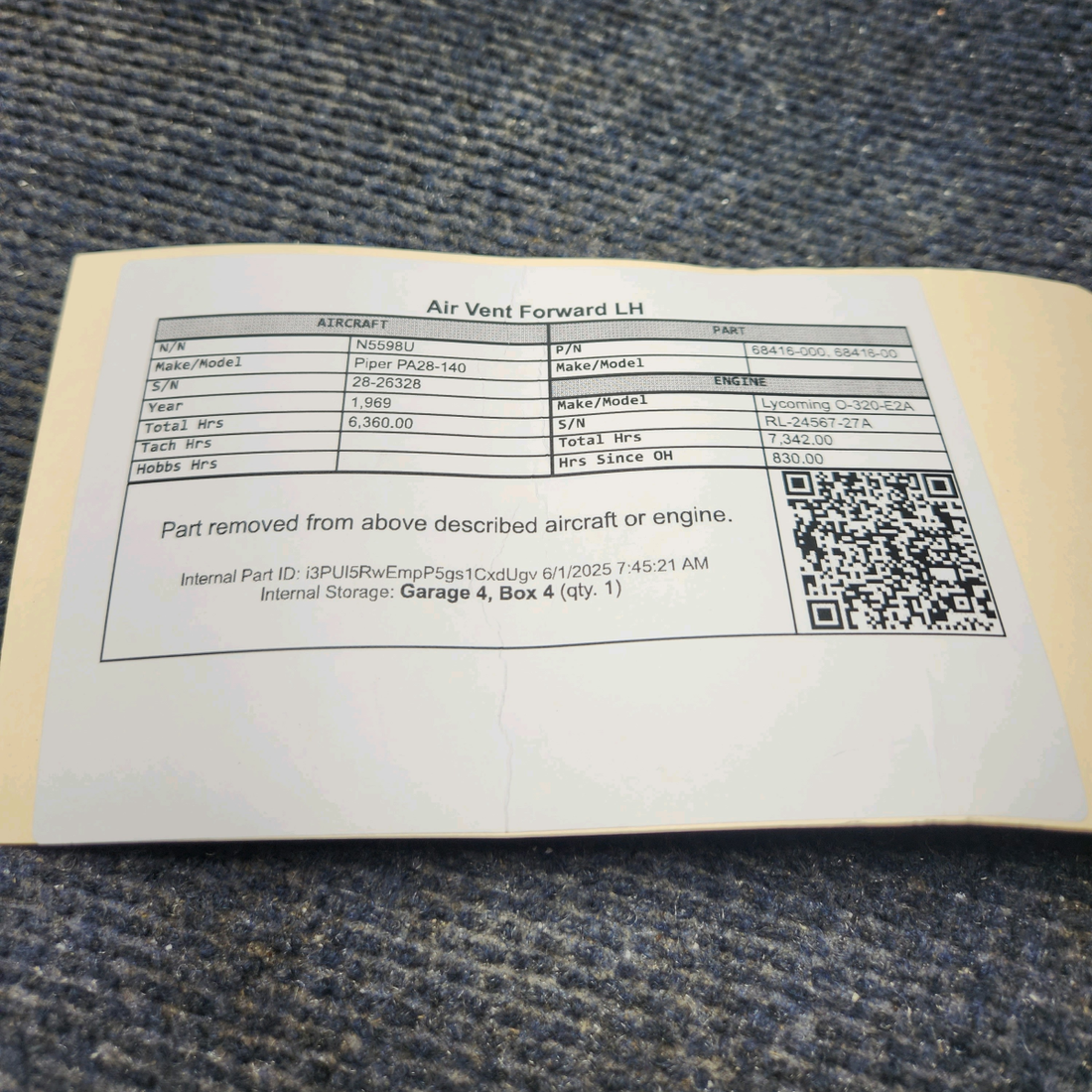 Used aircraft parts for sale, 68416-000 Piper PA28-140 Air Vent  Forward LH