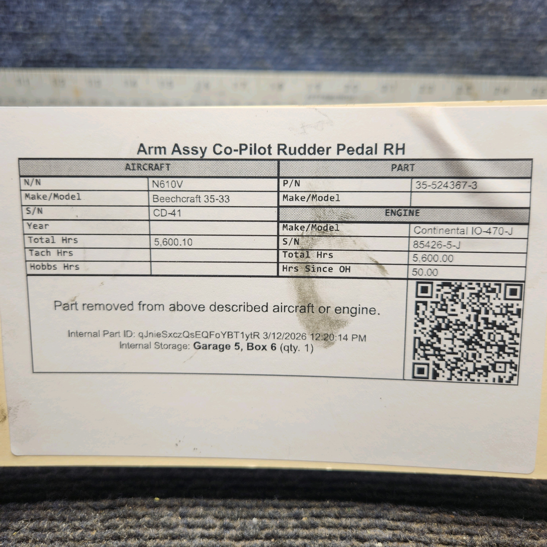 Used aircraft parts for sale, 35-524367-3 Beechcraft 35-33 Co-Pilot Rudder Pedal Arm Assy - RH