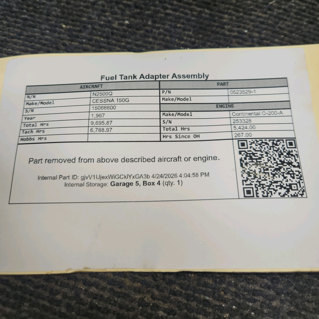 Used aircraft parts for sale, 0523529-1 cessna 150G Fuel Tank Adapter Assembly