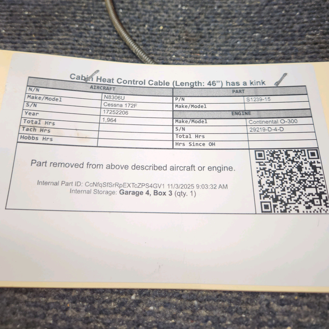 Used aircraft parts for sale, S1239-15 Cessna 172F Cabin Heat Control Cable (Length: 46”)
