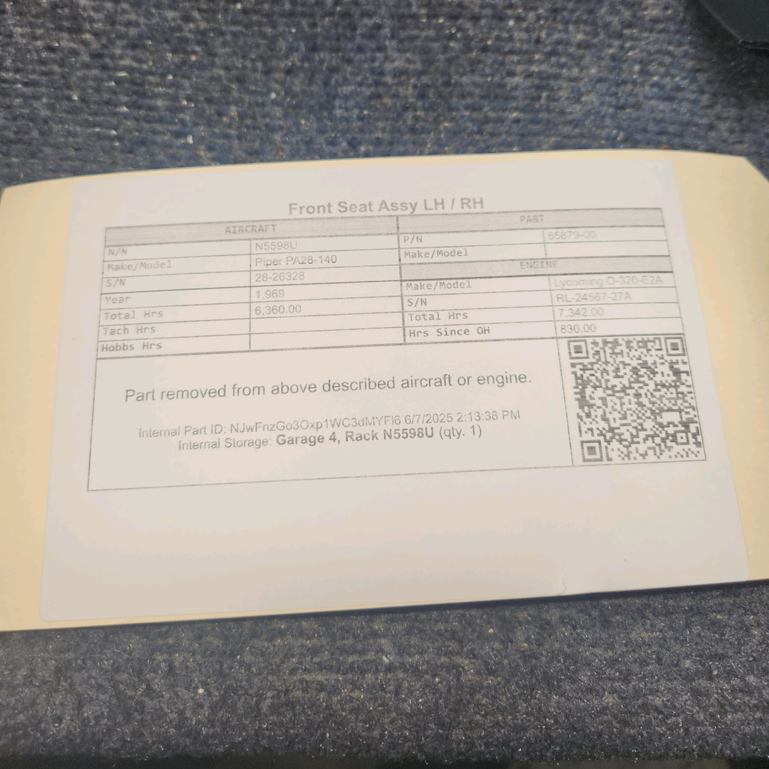 Used aircraft parts for sale, 65879-00 Piper PA28-140 Front Seat Assy LH / RH
