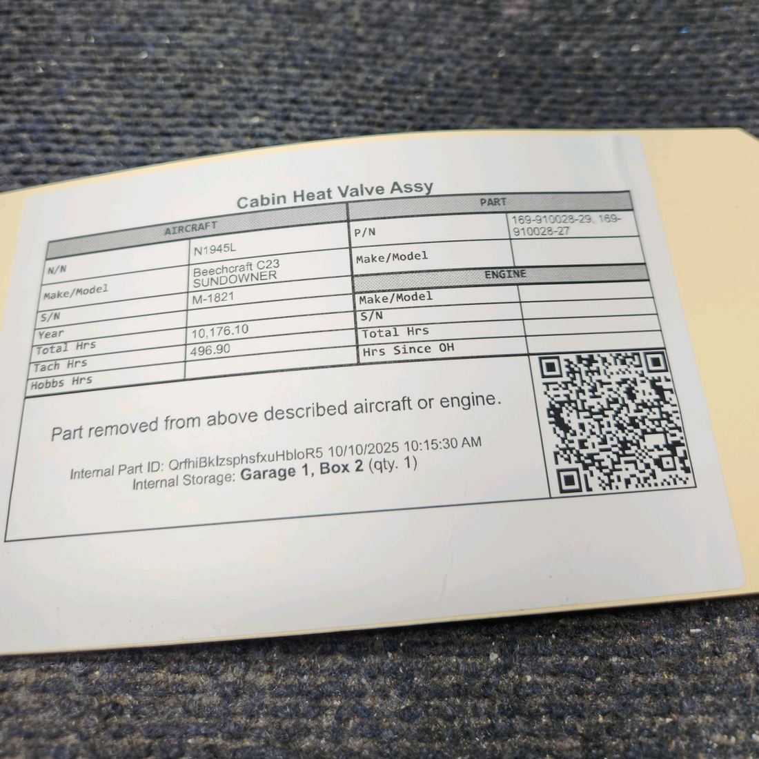 Used aircraft parts for sale, 169-910028-29 Beechcraft C23 SUNDOWNER Cabin Heat Valve Assy