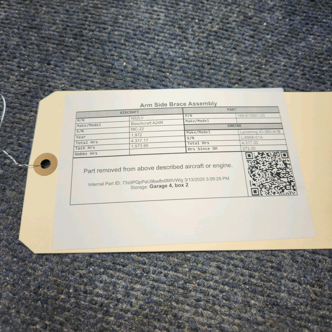 Used aircraft parts for sale, 169-810001-23 Beechcraft A24R Arm Side Brace Assembly