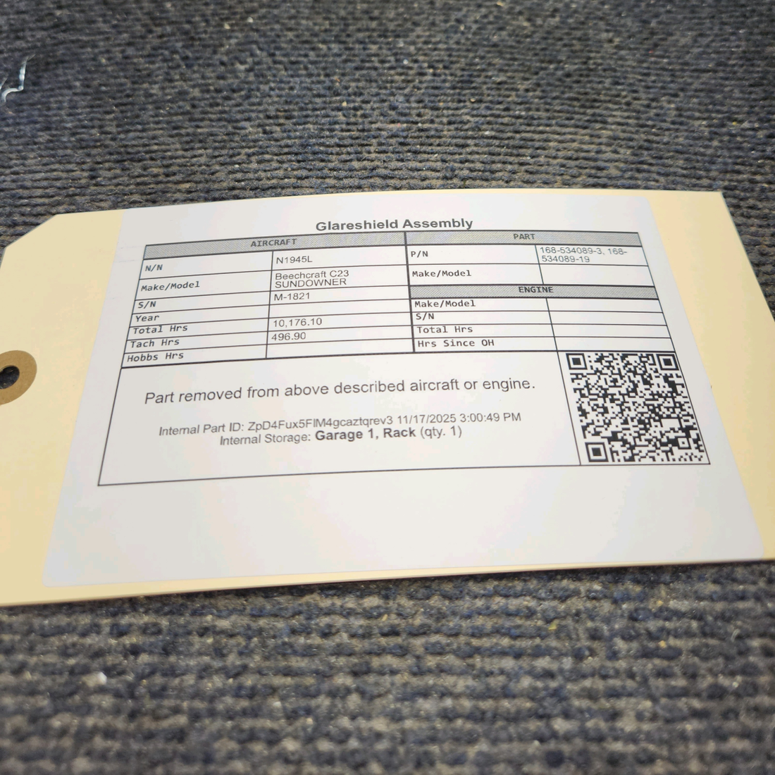 Used aircraft parts for sale, 168-534089-3 Beechcraft C23 SUNDOWNER Glareshield Assembly