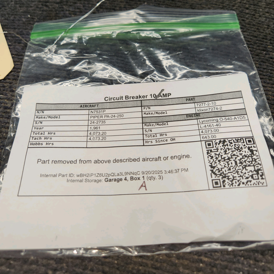 Used aircraft parts for sale, 7277-2-10 klixon 7274-2 PIPER PA-24-250 Circuit Breaker 10 AMP - Price per each