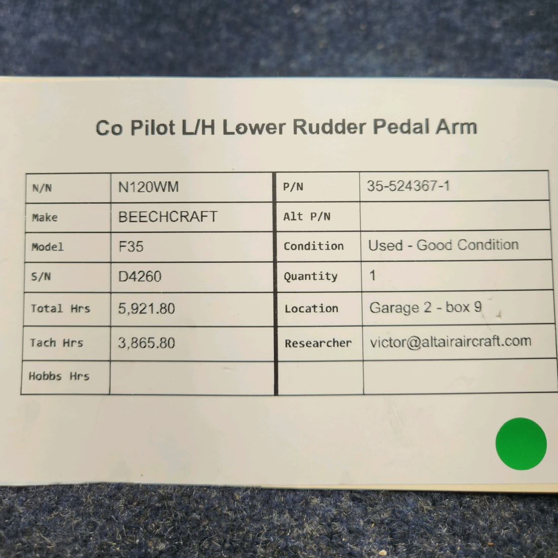 Used aircraft parts for sale, 35-524367-1 BEECHCRAFT F35 CO PILOT L/H LOWER RUDDER PEDAL ARM