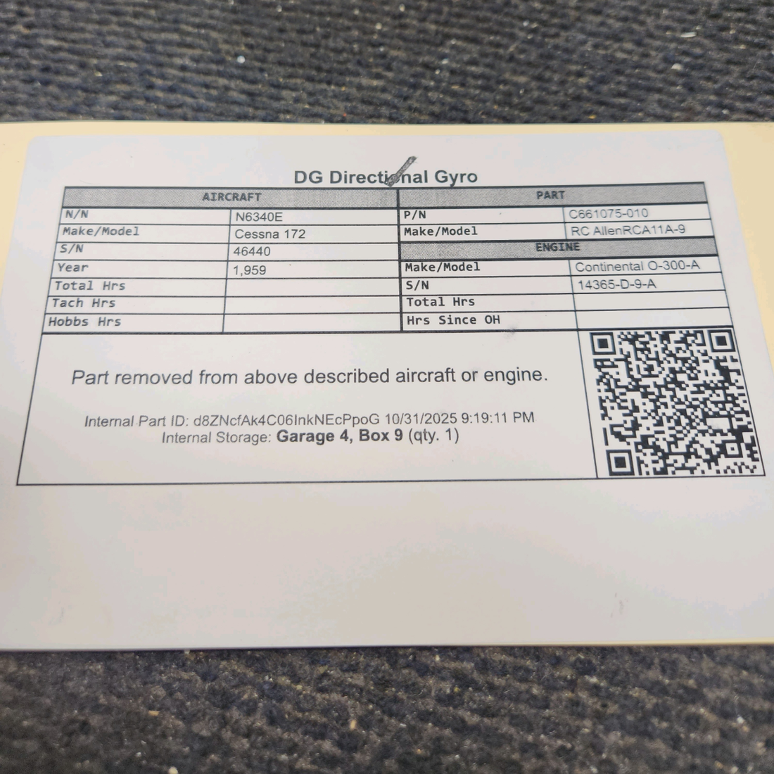 Used aircraft parts for sale, C661075-010 RC Allen RCA11A-9 Cessna 172 DG Directional Gyro