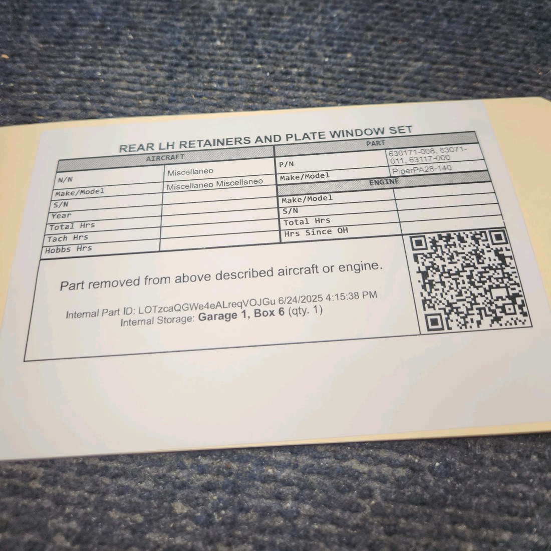Used aircraft parts for sale, 630171-008 Piper PA28-140 REAR LH RETAINERS AND PLATE WINDOW SET