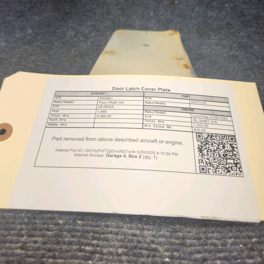 Used aircraft parts for sale, 63012-00 Piper PA28-140 Door Latch Cover Plate