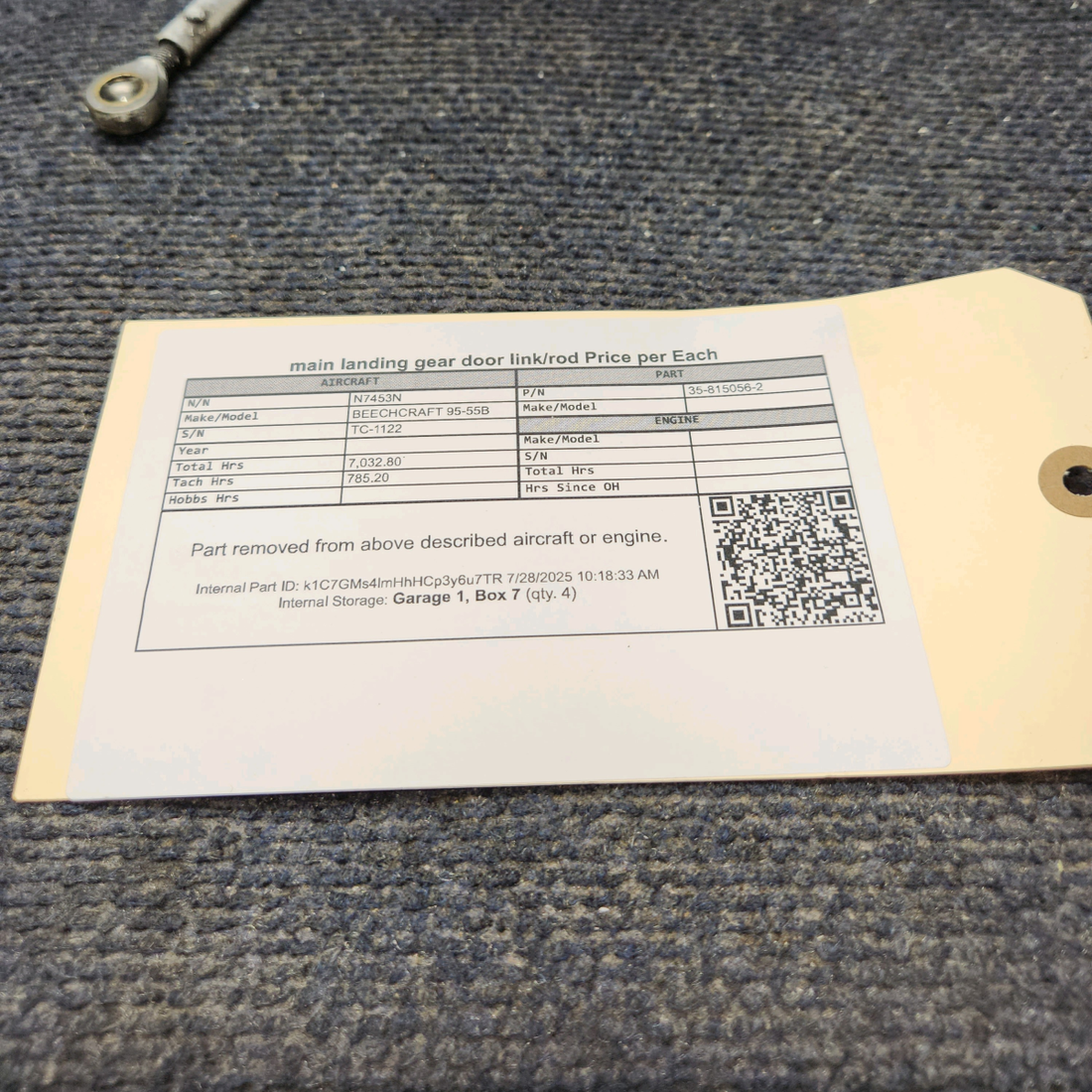 Used aircraft parts for sale, 35-815056-2 BEECHCRAFT 95-55B Main Landing Gear Door Tube – Price per Each