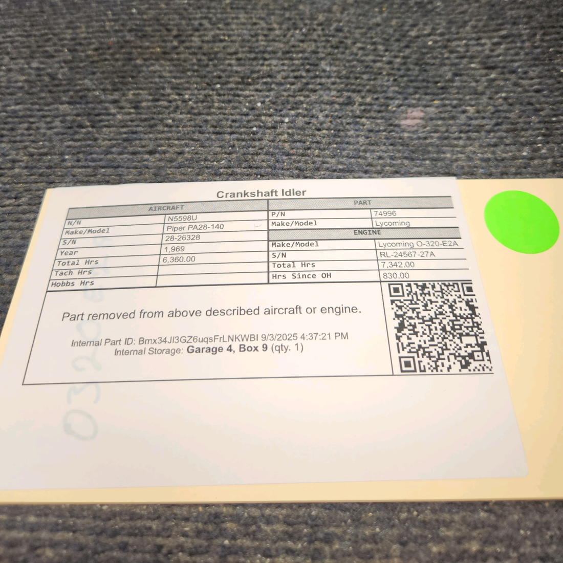 Used aircraft parts for sale, 74996 Lycoming O-320 Piper PA28-140 Crankshaft Idler