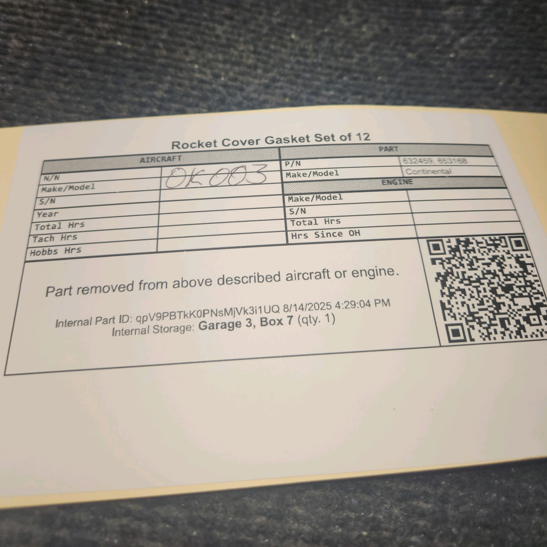 Used aircraft parts for sale, 632459 Continental Rocker Cover Gasket - Set of 12