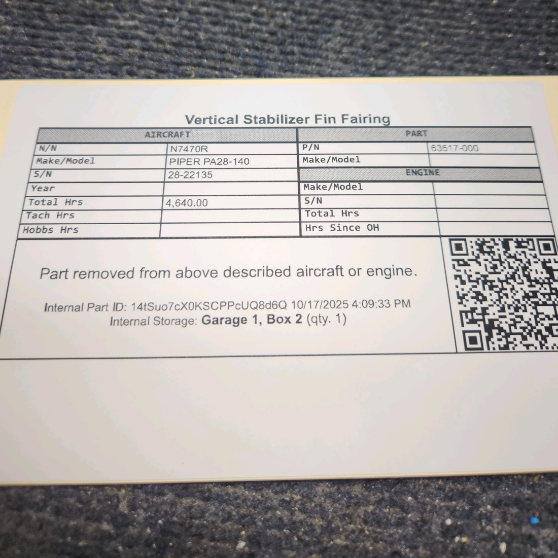 Used aircraft parts for sale, 63517-000 PIPER PA28-140 Vertical Stabilizer Fin Fairing