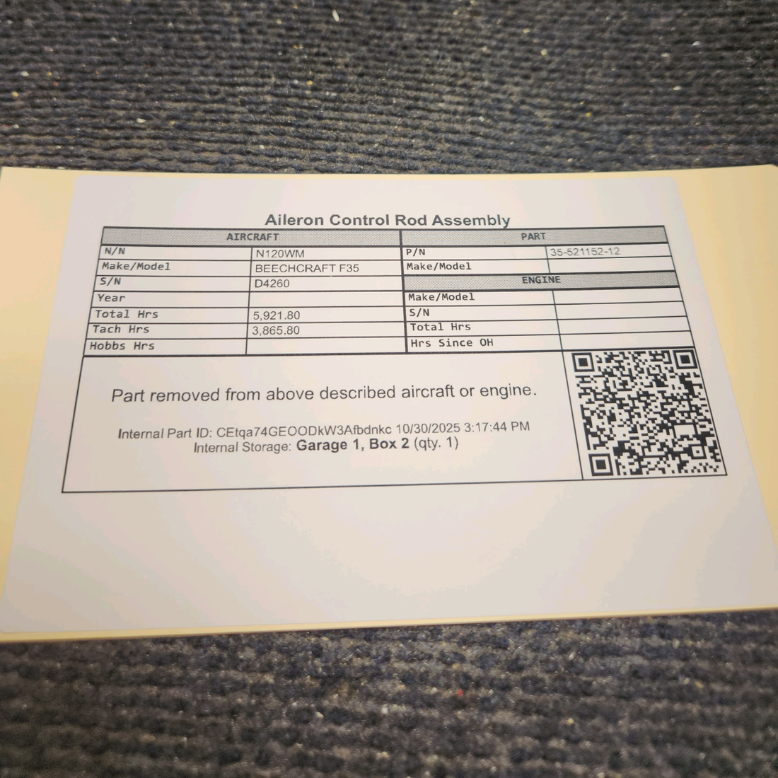 Used aircraft parts for sale, 35-521152-12 BEECHCRAFT F35 Aileron Control Rod Assembly