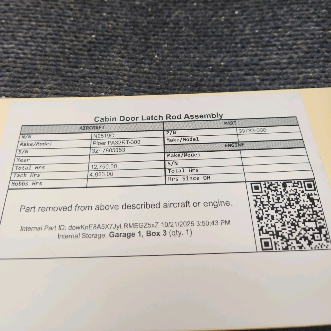 Used aircraft parts for sale, 99783-000 Piper PA32RT-300 Cabin Door Latch Rod Assembly