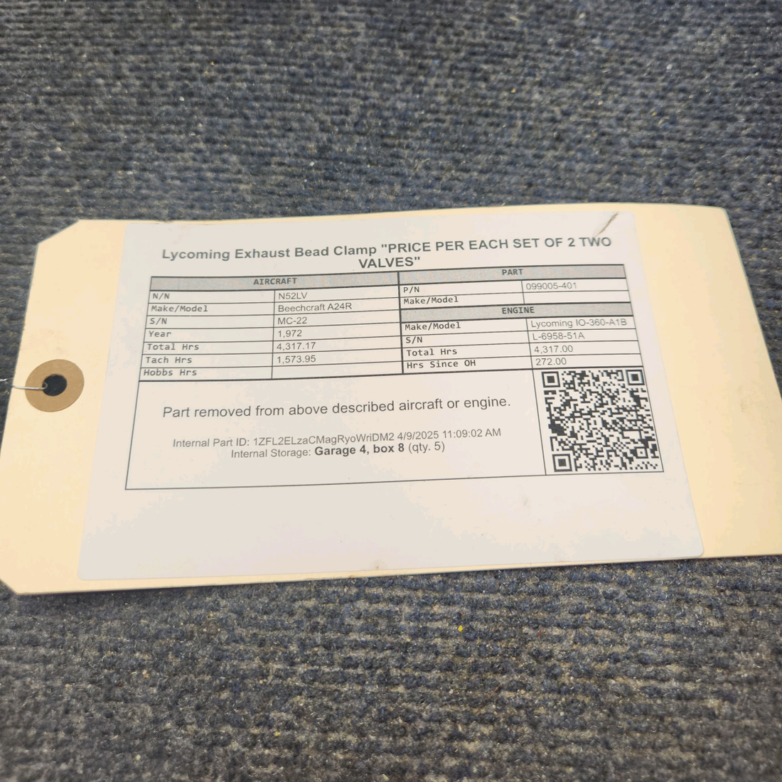 Used aircraft parts for sale, 099005-401 Lycoming IO-360 Beechcraft A24R Exhaust Bead Clamp "PRICE PER EACH SET OF 2 TWO VALVES"