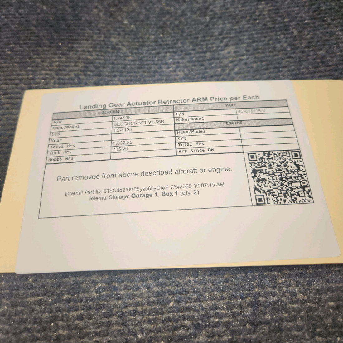 Used aircraft parts for sale, 45-815116-2 BEECHCRAFT 95-55B Landing Gear Actuator Retractor Arm - Price per Each