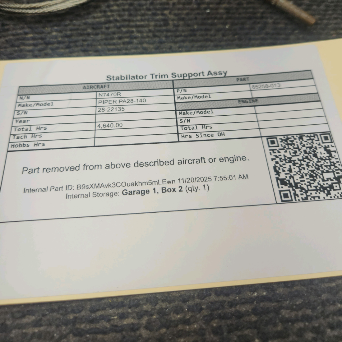Used aircraft parts for sale, 65258-013 Piper PA28-140 Stabilator Trim Support Assembly