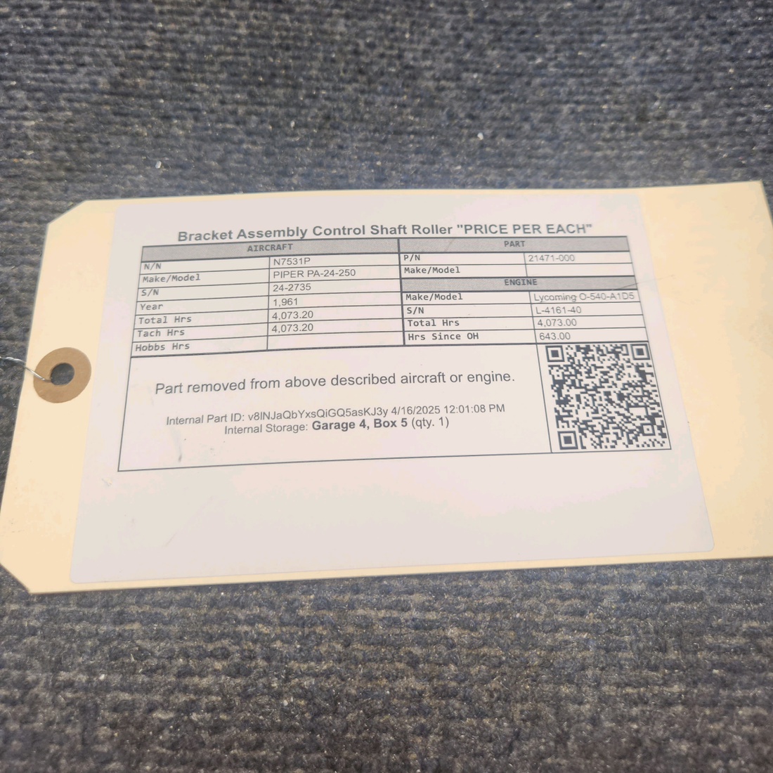Used aircraft parts for sale, 21471-000 PIPER PA-24-250 Bracket Assembly Control Shaft Roller "PRICE PER EACH"