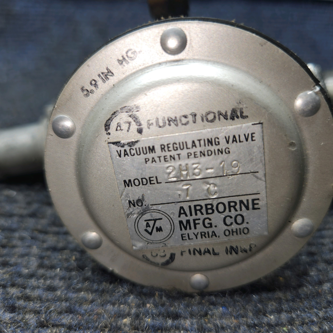 Used aircraft parts for sale, 2H3-19 Airborne Piper PA28-161 Vacuum Regulating Valve Assembly