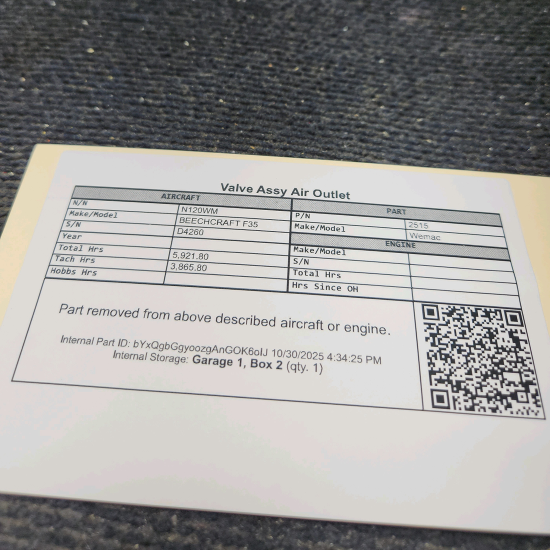 Used aircraft parts for sale, 2515 Wemac BEECHCRAFT F35 Valve Assy Air Outlet