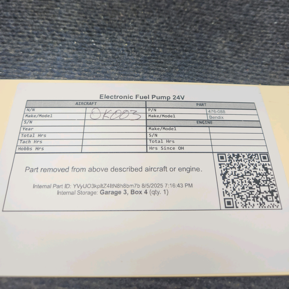 Used aircraft parts for sale, 476-088 Bendix Electronic Fuel Pump 24V