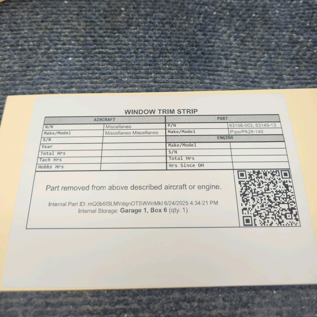 Used aircraft parts for sale, 63156-003 Piper PA28-140 WINDOW TRIM STRIP