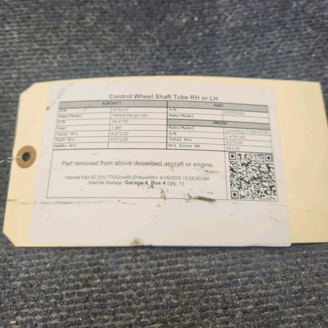 Used aircraft parts for sale, 20975-000 PIPER PA-24-250 Control Wheel Shaft Tube RH or LH