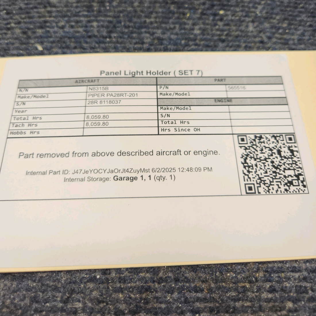 Used aircraft parts for sale, 565-516 PIPER PA28RT-201 Panel Light Holder ( Set of 7)