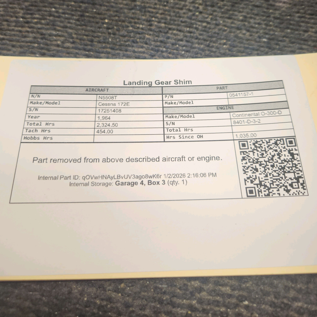 Used aircraft parts for sale, 0541157-1 Cessna 172E Landing Gear Shim