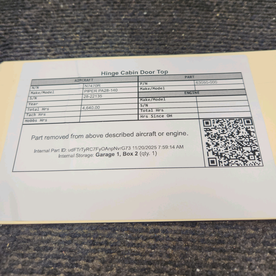 Used aircraft parts for sale, 63050-000 Piper PA28-140 Cabin Door Top Hinge