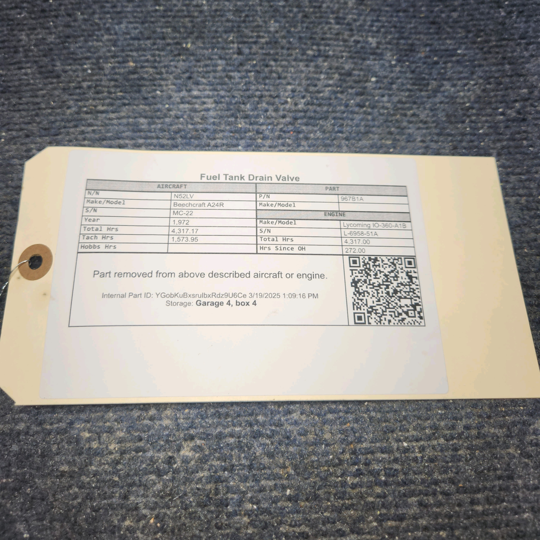 Used aircraft parts for sale, 967B1A Beechcraft A24R Fuel Tank Drain Valve