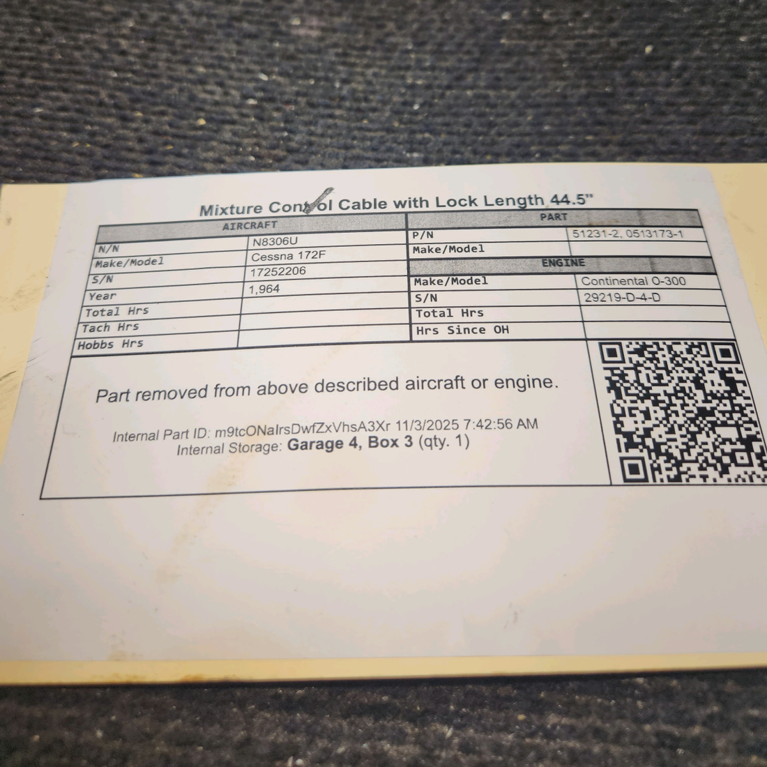 Used aircraft parts for sale, 51231-2, 0513173-1 Cessna 172F Mixture Control Cable with Lock - Length 44.5"
