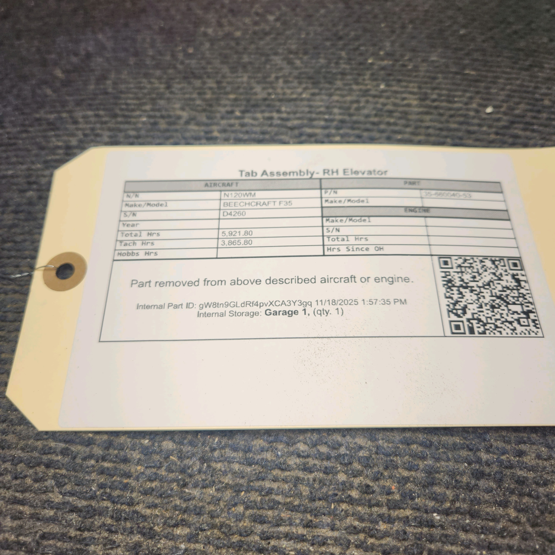 Used aircraft parts for sale, 35-660040-53 Beechcraft F35 Elevator Tab Assembly - RH