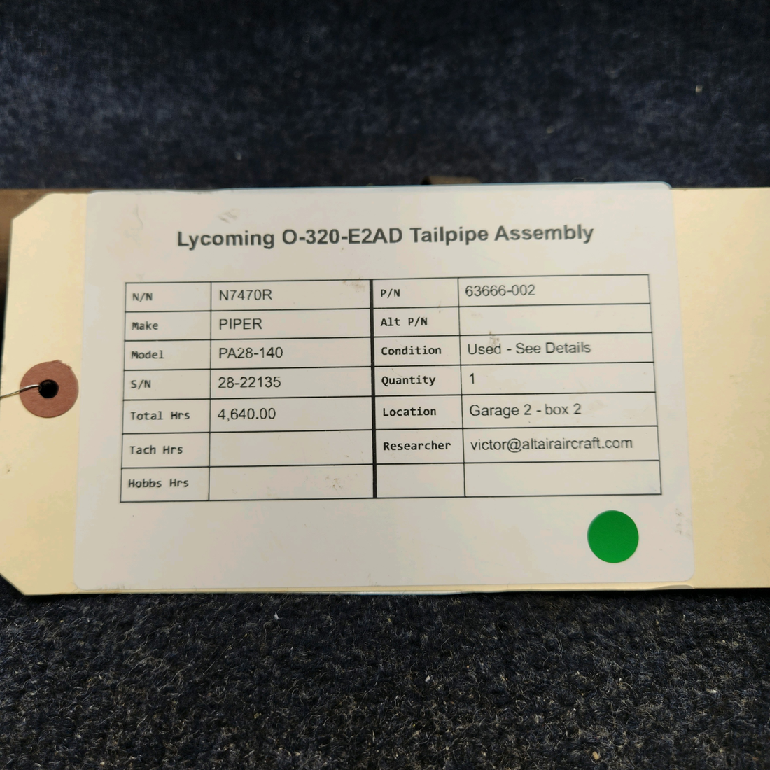 Used aircraft parts for sale, 63666-002 Lycoming  [part_model] PIPER PA28-140 LYCOMING O-320-E2AD TAILPIPE ASSEMBLY