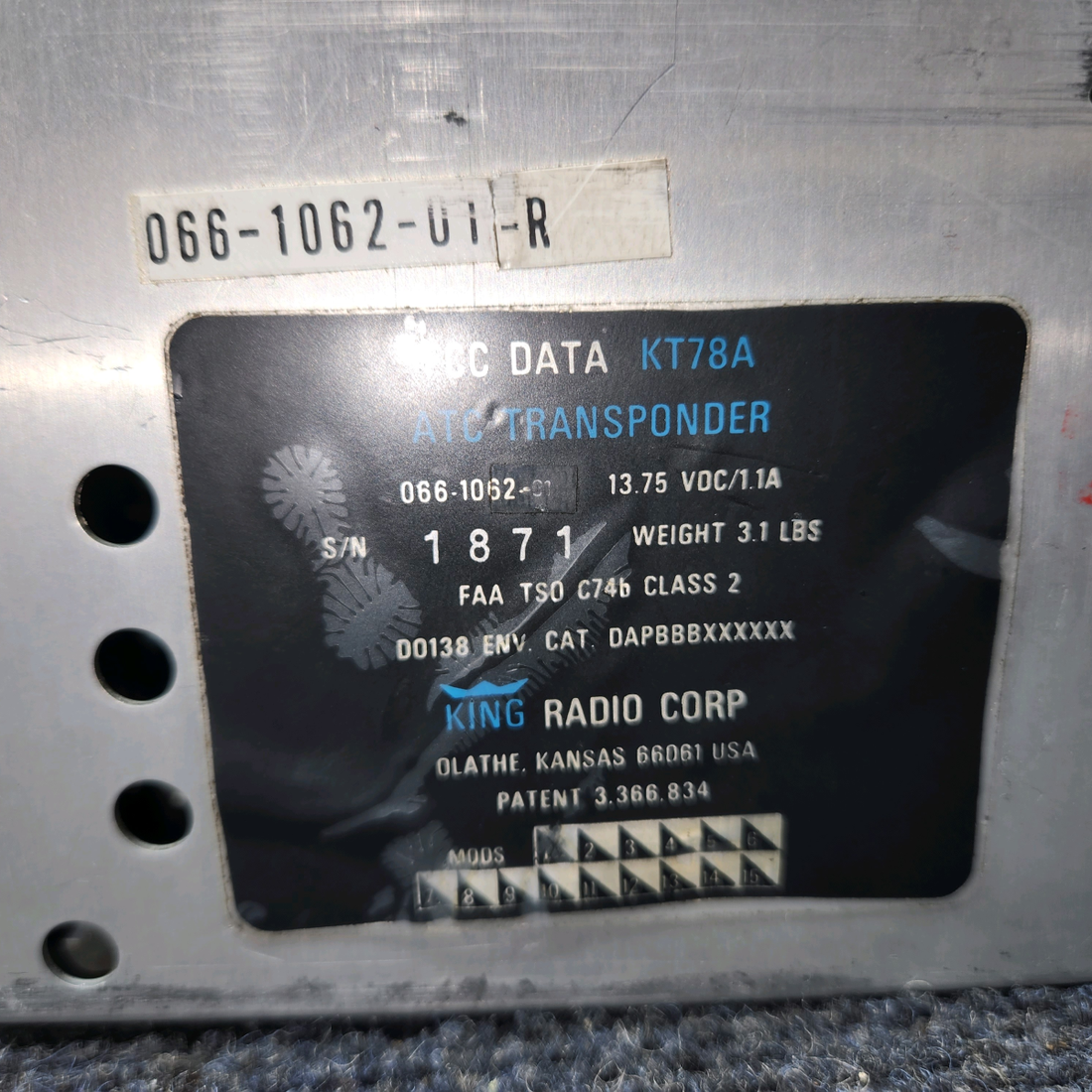 Used aircraft parts for sale, 066-1062-01 King KT 78A Piper PA32RT-300 ATC Transponder