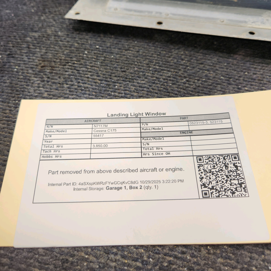 Used aircraft parts for sale, 0523115-3 Cessna C175 Landing Light Window