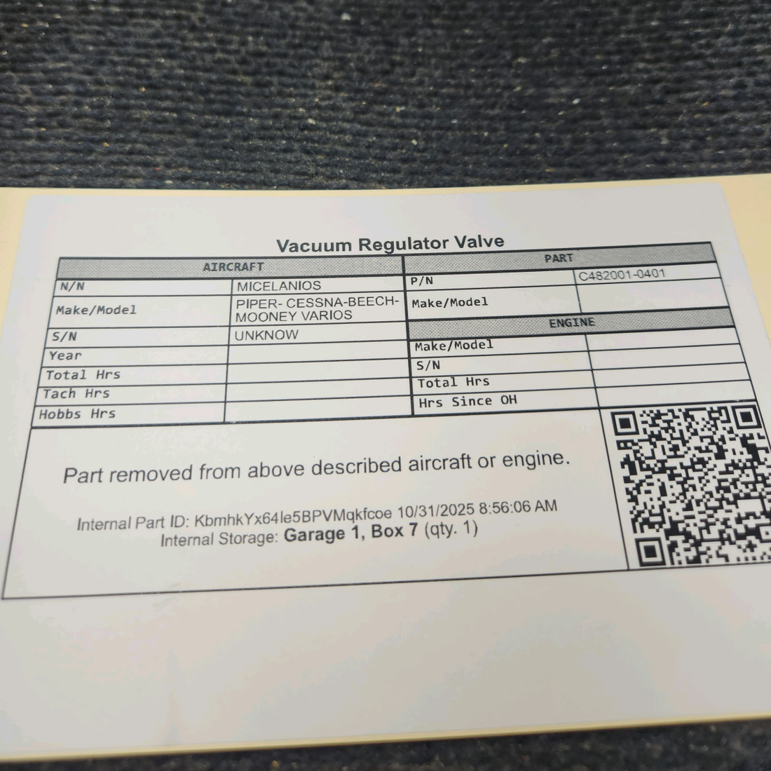 Used aircraft parts for sale, C482001-0401 Airborne Cessna 172RG Vacuum Regulator Valve