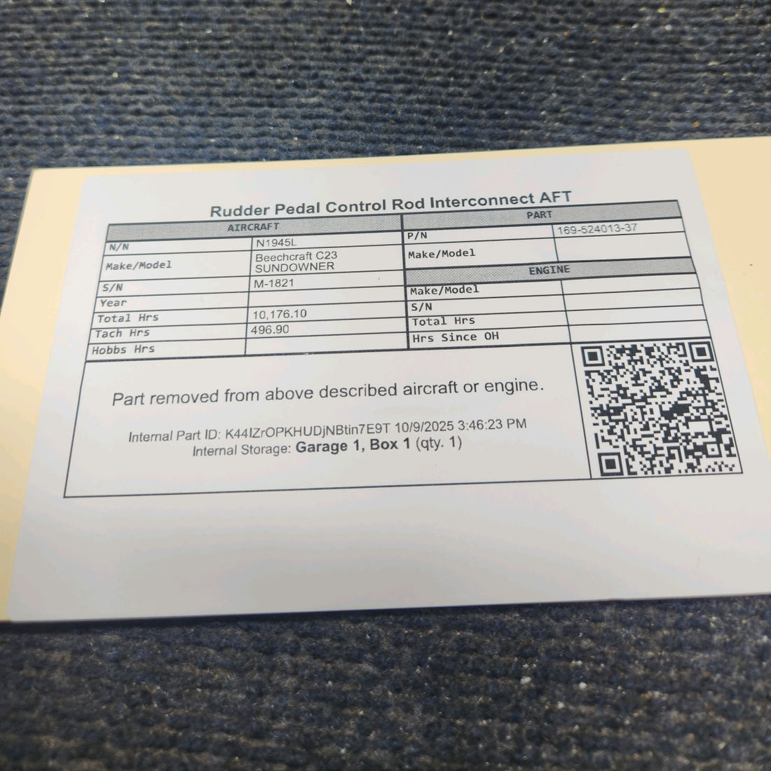 Used aircraft parts for sale, 169-524013-37 Beechcraft C23 SUNDOWNER Aft Rudder Pedal Interconnect Control Rod Assembly