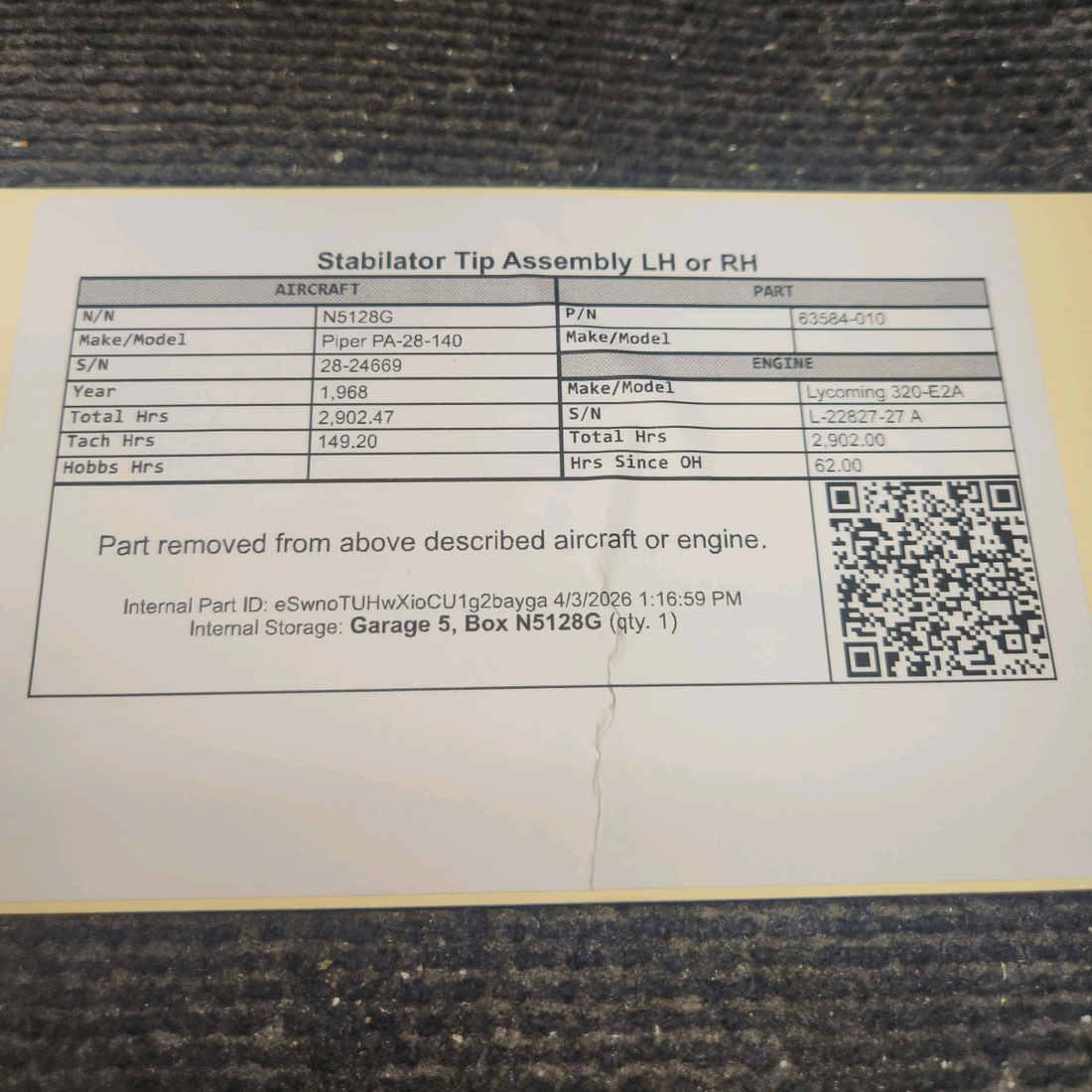 Used aircraft parts for sale, 63584-010 Piper PA-28-140 Stabilator Tip Assembly LH or RH