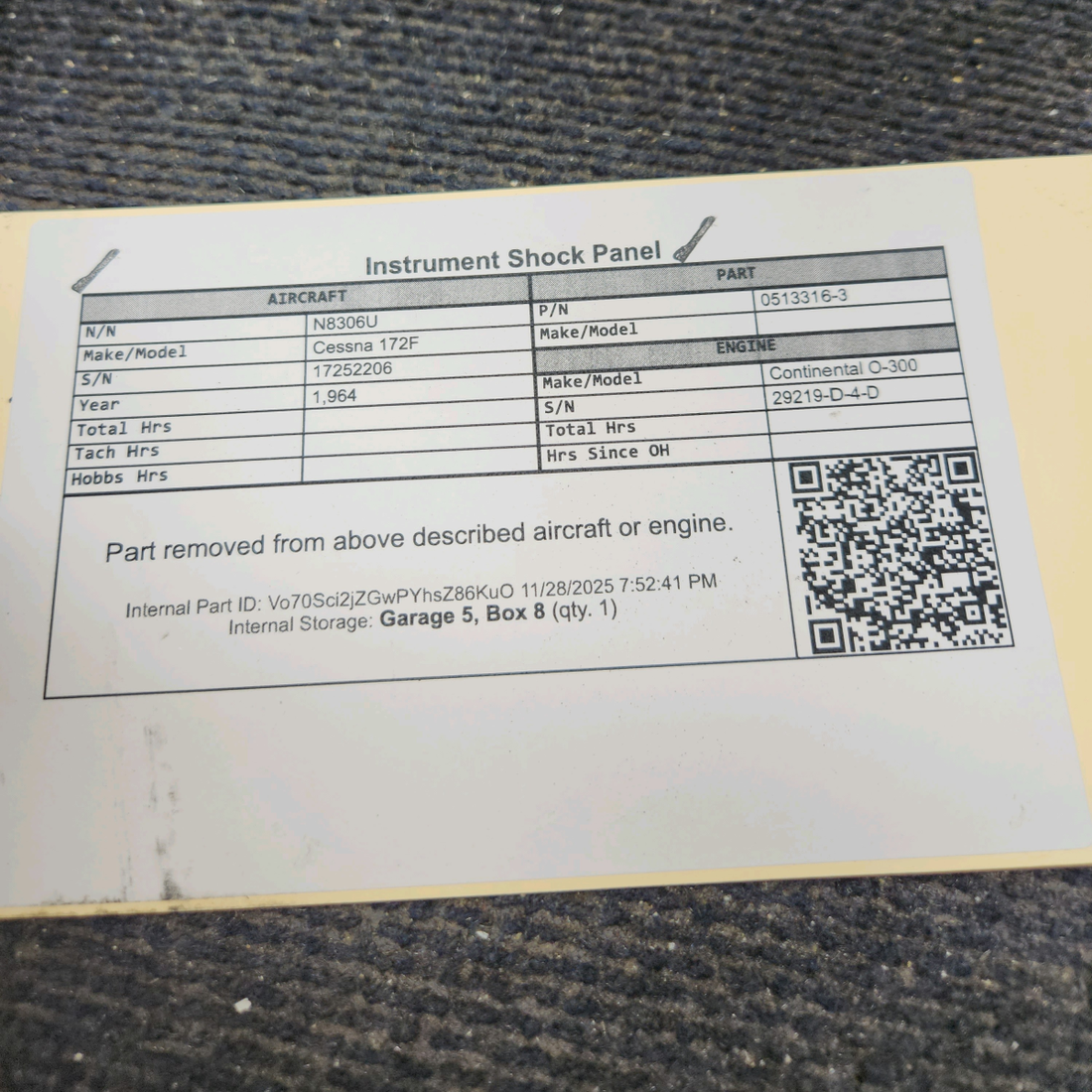 Used aircraft parts for sale, 0513316-3 Cessna 172F Instrument Shock Panel