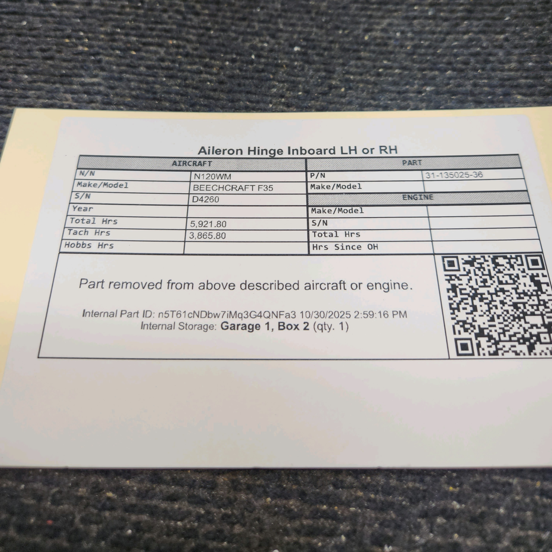 Used aircraft parts for sale, 35-135025-36 BEECHCRAFT F35 Aileron Hinge Inboard - LH or RH