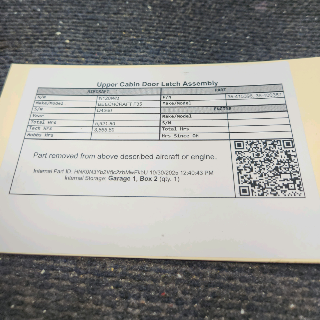 Used aircraft parts for sale, 35-415396 BEECHCRAFT F35 Upper Cabin Door Latch Assembly