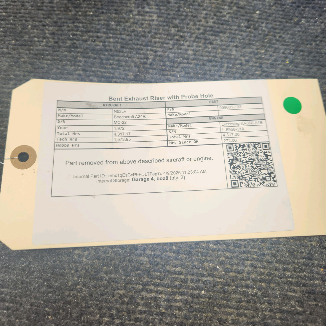 Used aircraft parts for sale, 099001-132 Beechcraft A24R Bent Exhaust Riser with Probe Hole