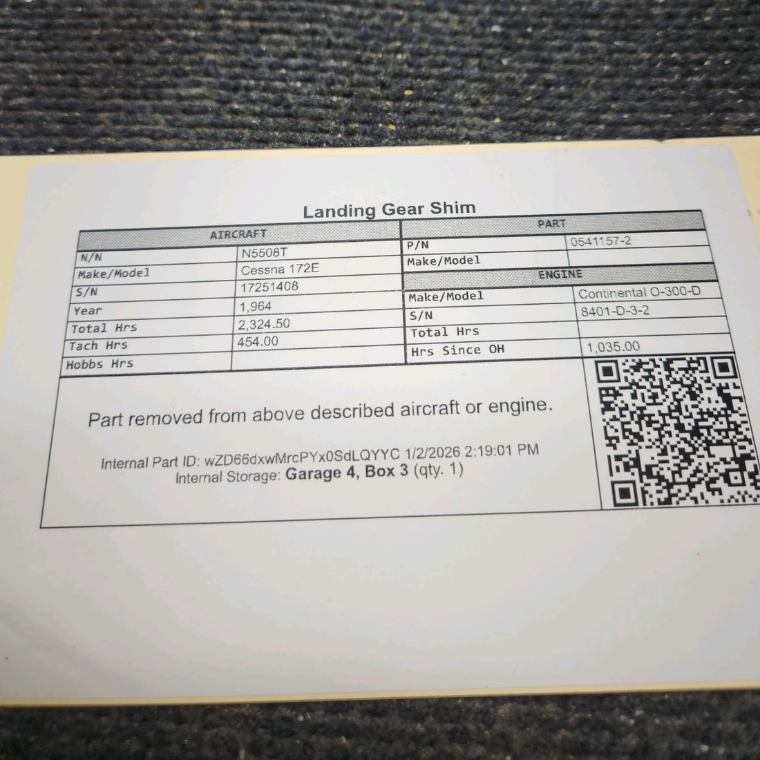 Used aircraft parts for sale, 0541157-2 Cessna 172E Landing Gear Shim