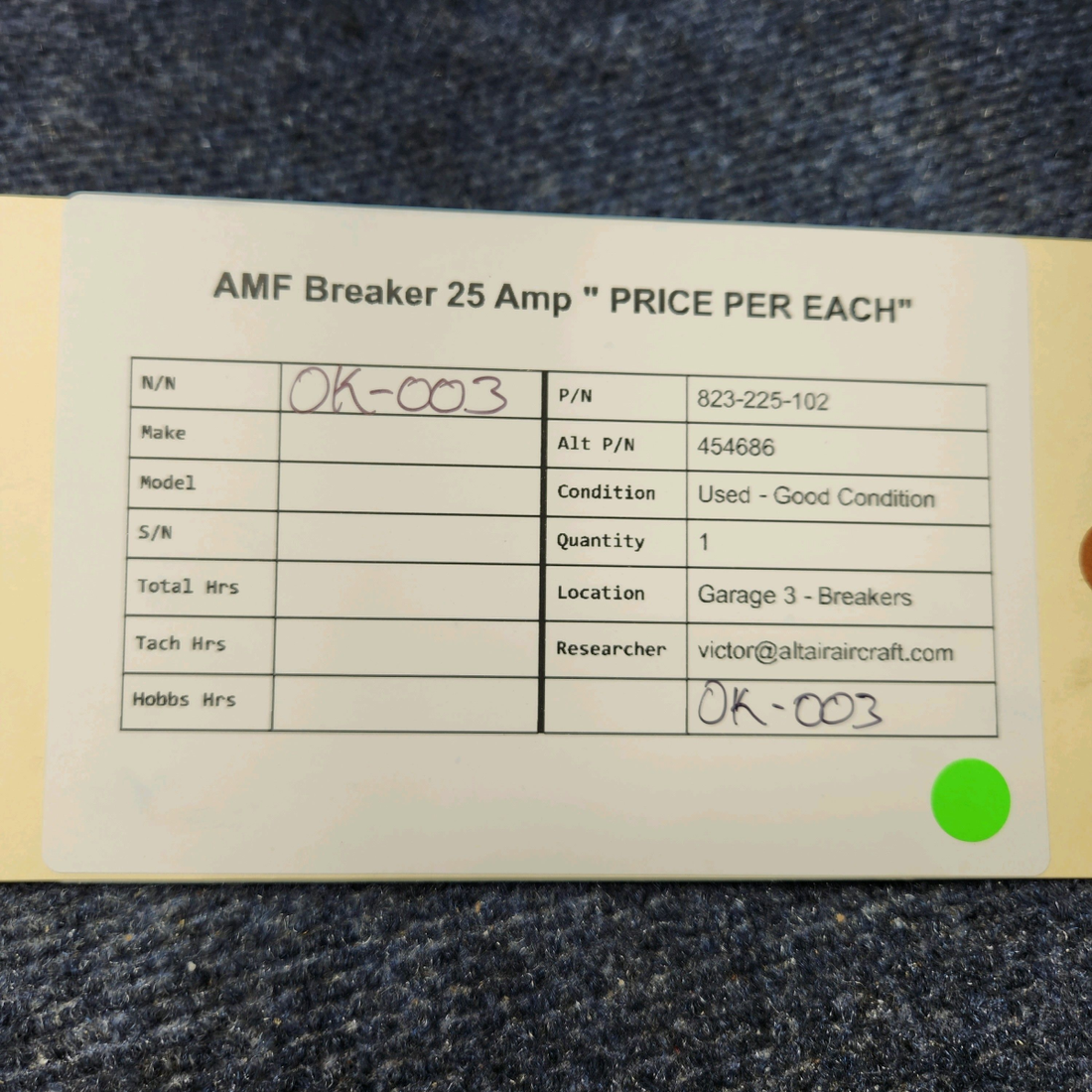 Used aircraft parts for sale, 823-225-102 Wood Piper PA-31T AMF BREAKER 25 AMP " PRICE PER EACH"